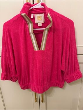 Emily McCarthy Medium Hot Pink Terry Cowl Pullover with Striped Trim